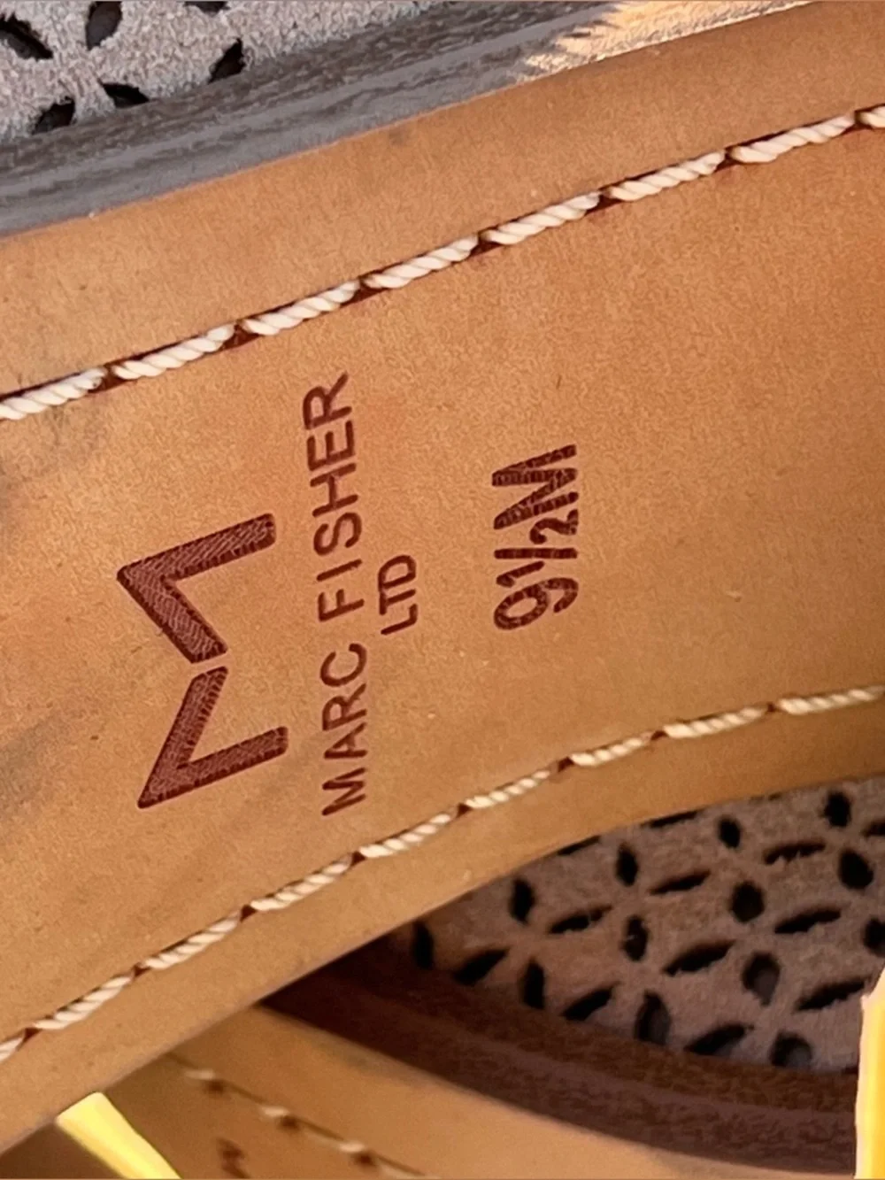 Marc Fisher Vixen Peep Toe City Sandal, 9.5, Tan Perforated Suede, 3.75” Heel - Picture 11 of 15